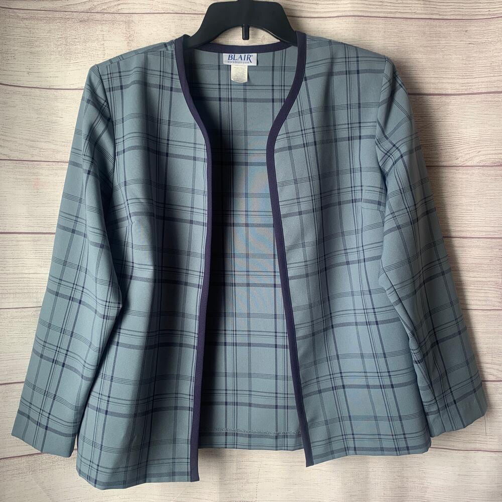 Vintage Blair Blue Plaid Open Front Blazer Jacket Long Sleeves Size 12P